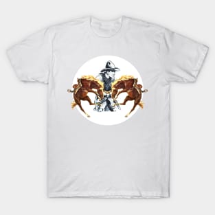 Wild West Rodeo Cowboy is armed and has horses neighing T-Shirt